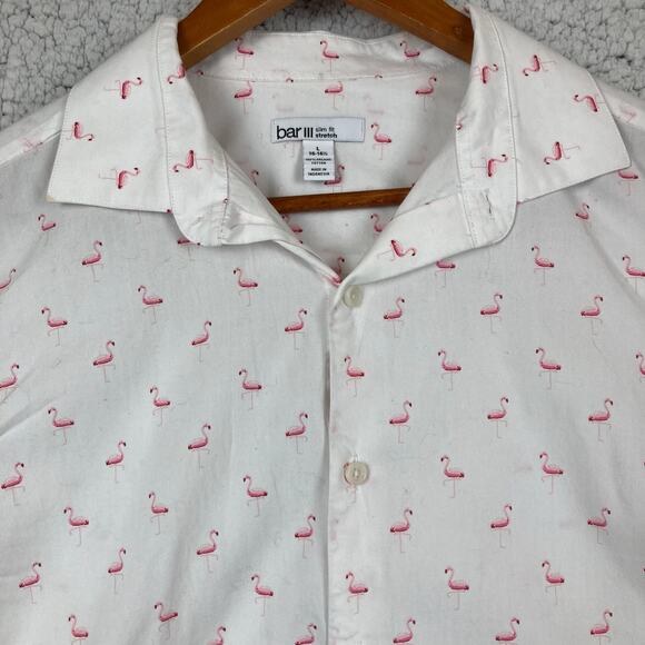 Bar III Organic Cotton Button Shirt Mens L 16 White Pink Flamingos Long Sleeve - Picture 1 of 10